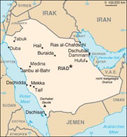 Die Karte Saudi-Arabiens mit einigen Städten - wer eine kennt, der kriegt nen Lolli...